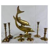 Vintage Brass Collection - Dolphin Sculpture and 6 Candleholders