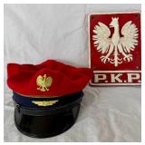 Vintage Cast Iron PKP Polish State Railwways Locomotive Plaque and Polish State Railways (PKP) Station Master's Cap