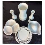 Vintage Milkglass Collection - Includes: Large Flower Vase, 2 Small Bud Vases, Sectioned Relish Dish, Small Plate, Juicer