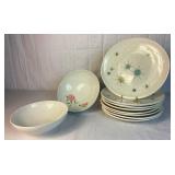8 Vintage Franciscan 10.75' Atomic Starburst Dinner Plates & 2 Pink-A-Dilly Franciscan Whitestone Wear 8' Serving Bowls