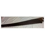 Three Antique E.C. Atkins Handsaws, 1 Disston Antique Saw, 1 Vintage 27' Disston Saw in Miter Box