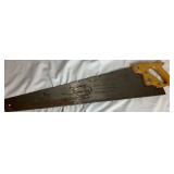 Three Antique E.C. Atkins Handsaws, 1 Disston Antique Saw, 1 Vintage 27' Disston Saw in Miter Box