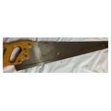 Three Antique E.C. Atkins Handsaws, 1 Disston Antique Saw, 1 Vintage 27' Disston Saw in Miter Box