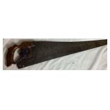 Three Antique E.C. Atkins Handsaws, 1 Disston Antique Saw, 1 Vintage 27' Disston Saw in Miter Box