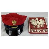 Vintage Cast Iron PKP Polish State Railwways Locomotive Plaque and Polish State Railways (PKP) Station Master's Cap