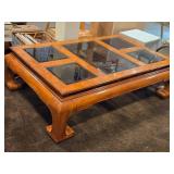 Elm Wood Chinese style Coffee Table with (5) Smoked Glass Panel Top
