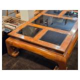 Elm Wood Chinese style Coffee Table with (5) Smoked Glass Panel Top