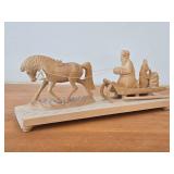 Russian Handcarved Wood Sculpture from Bogorodsk Depicting a Troika Scene with Horse Pulling a Sleigh