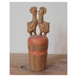 Handcarved Wood lidded Barrel with Roosters On Top