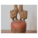Handcarved Wood lidded Barrel with Roosters On Top