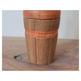 Handcarved Wood lidded Barrel with Roosters On Top