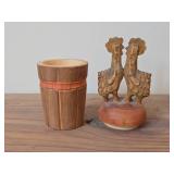 Handcarved Wood lidded Barrel with Roosters On Top