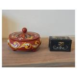 Handpainted Rosemaling Round Trinket Box with Lid and Small Trinket Box with Hinged Lid