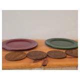 (2) Solid Wood Charger Plate 13", (4) 6" Circular Wooden Coasters