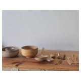 (2) Wooden Bowls and (12) Wood Utensils