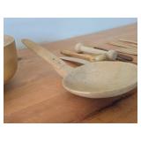 (2) Wooden Bowls and (12) Wood Utensils
