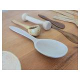 (2) Wooden Bowls and (12) Wood Utensils