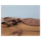 Wood Serving Tray 13"D, (3) Small Bowls and (1) Plate 7"D