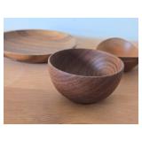 Wood Serving Tray 13"D, (3) Small Bowls and (1) Plate 7"D