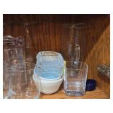 Lot of (1 Cupboard) Glassware - Bowls, Water Glasses, Pitchers, Serving Bowls, Vases, Candleholders