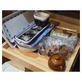 Lot of (1 Cupboard) Plates, Trays, Serving Trays, Lazy Susan, Shakers,