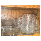 Lot of (1 Cupboard) Clear Glassware - Glasses, Pitchers, Plates, Bowls, Serving Bowls
