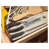 Lot of (4 Drawers) Utensils - Serving Utensils, Spoons, Knife Sharpeners, Skewers, Routisserie Accessories, Knife Carving Set, Roller, Blender Blades, Cookie Cutters, Spatulas