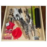 Lot of (4 Drawers) Utensils - Serving Utensils, Spoons, Knife Sharpeners, Skewers, Routisserie Accessories, Knife Carving Set, Roller, Blender Blades, Cookie Cutters, Spatulas