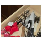 Lot of (4 Drawers) Utensils - Serving Utensils, Spoons, Knife Sharpeners, Skewers, Routisserie Accessories, Knife Carving Set, Roller, Blender Blades, Cookie Cutters, Spatulas