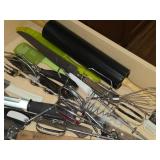 Lot of (4 Drawers) Utensils - Serving Utensils, Spoons, Knife Sharpeners, Skewers, Routisserie Accessories, Knife Carving Set, Roller, Blender Blades, Cookie Cutters, Spatulas