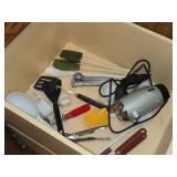 Lot of (4 Drawers) Utensils - Serving Utensils, Spoons, Knife Sharpeners, Skewers, Routisserie Accessories, Knife Carving Set, Roller, Blender Blades, Cookie Cutters, Spatulas