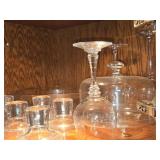 Lot of (2 Cupboards) Wine Glasses, Punch Bowl, Cake Stand Top, Cocktail Glasses
