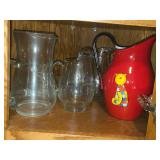 Lot of (1 Cupboard) Glasses, Wine Glasses, Bowls, Assorted Pitchers, Serving Bowls