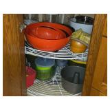 Lot of (1 Cupboard) Serving Bowls, Cake Molds, Measuring Cups, Pitchers, Assorted Containers