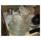 Lot of (1 Cupboard) Glass Bowls, Lids, Small Kitchen Appliances, Food Processor