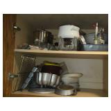 Lot of (1 Cupboard) Cake Molds, Oven Rack, Large Rolling Pin, Pans and Fondue Warmers