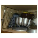 Lot of (1 Cupboard) Cake Molds, Oven Rack, Large Rolling Pin, Pans and Fondue Warmers