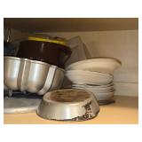 Lot of (1 Cupboard) Cake Molds, Oven Rack, Large Rolling Pin, Pans and Fondue Warmers