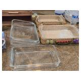 Lot of (8) Bakeware - Glass Casserole Dish (x5) and Wicker Carriers (x3)