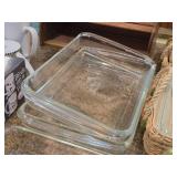 Lot of (8) Bakeware - Glass Casserole Dish (x5) and Wicker Carriers (x3)