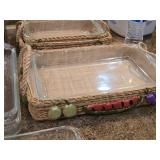 Lot of (8) Bakeware - Glass Casserole Dish (x5) and Wicker Carriers (x3)
