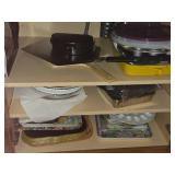 Lot of (1 Cupboard) Trays, Pans, Pizza Board, Deviled Egg Pan