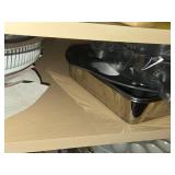 Lot of (1 Cupboard) Trays, Pans, Pizza Board, Deviled Egg Pan