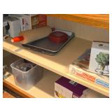 Lot of (1 Cupboard) Cookware - Baking Sheets, Rolling Pin, Artichoke Cooker, Olive Oil Sprayer, Krups Pressa C, Napkins, Libby Charisma Brandy Snifters, Pans (assorted)