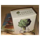Lot of (1 Cupboard) Cookware - Baking Sheets, Rolling Pin, Artichoke Cooker, Olive Oil Sprayer, Krups Pressa C, Napkins, Libby Charisma Brandy Snifters, Pans (assorted)