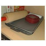 Lot of (1 Cupboard) Cookware - Baking Sheets, Rolling Pin, Artichoke Cooker, Olive Oil Sprayer, Krups Pressa C, Napkins, Libby Charisma Brandy Snifters, Pans (assorted)