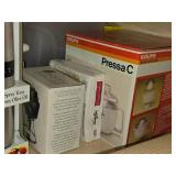 Lot of (1 Cupboard) Cookware - Baking Sheets, Rolling Pin, Artichoke Cooker, Olive Oil Sprayer, Krups Pressa C, Napkins, Libby Charisma Brandy Snifters, Pans (assorted)
