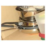 Lot of (1 Cupboard) Cookware - Baking Sheets, Rolling Pin, Artichoke Cooker, Olive Oil Sprayer, Krups Pressa C, Napkins, Libby Charisma Brandy Snifters, Pans (assorted)