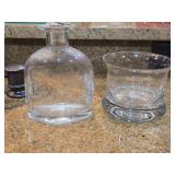 Lot of (2) Clear Glass Etched Ship Design Glassware - Decanter and Dish