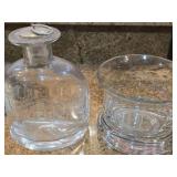 Lot of (2) Clear Glass Etched Ship Design Glassware - Decanter and Dish
